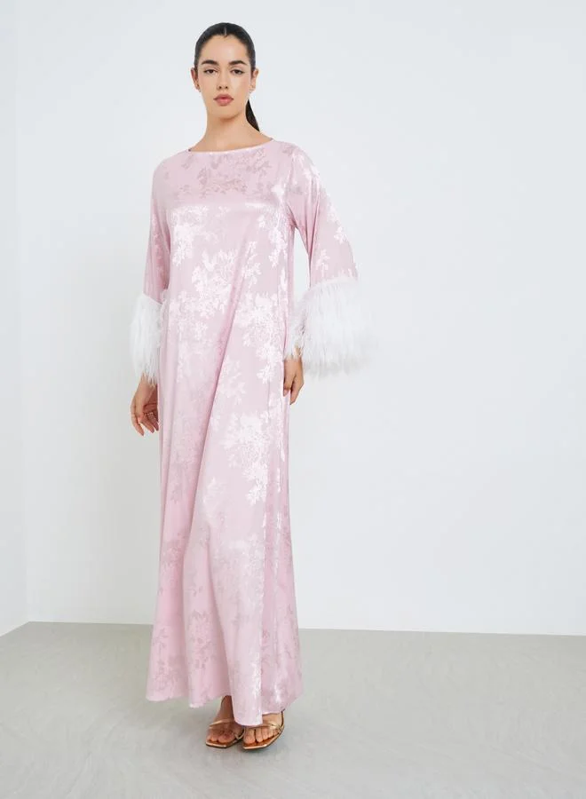 Amirah Women Jacquard Jalabiya with Faux Feather Trim